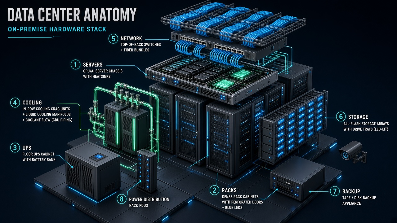 Isometric data center anatomy showing servers, racks, UPS, cooling, network, security, storage, and backup